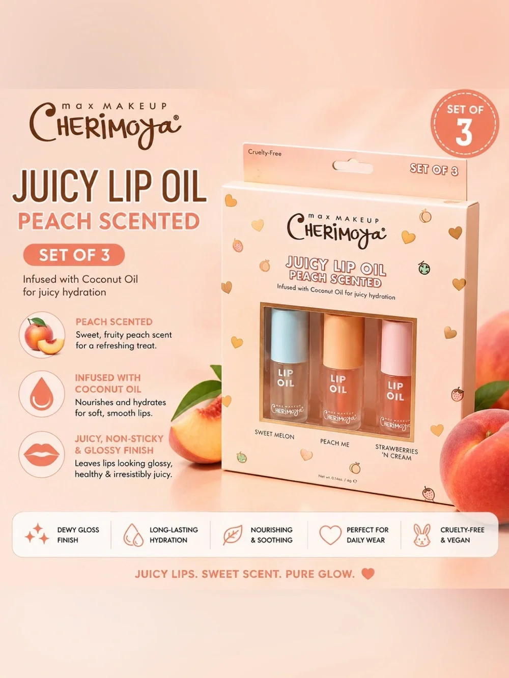 Max Makeup Cherimoya Juicy Lip Oil Trio — Peach Scented